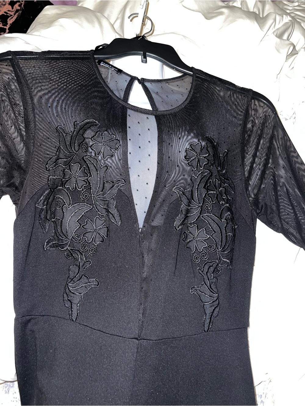 Women's Black Sheer Mesh and Lace Long Sleeve Cat Suit - Picture 4 of 9